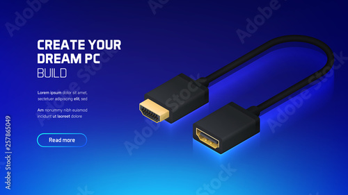 Computer cable 3d realistic isometric illustration, personal computer hardware components, custom gaming and workstation accessories, pc store and service