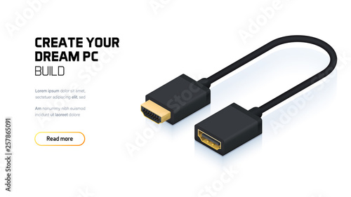 Computer cable 3d realistic isometric illustration, personal computer hardware components, custom gaming and workstation accessories, pc store and service