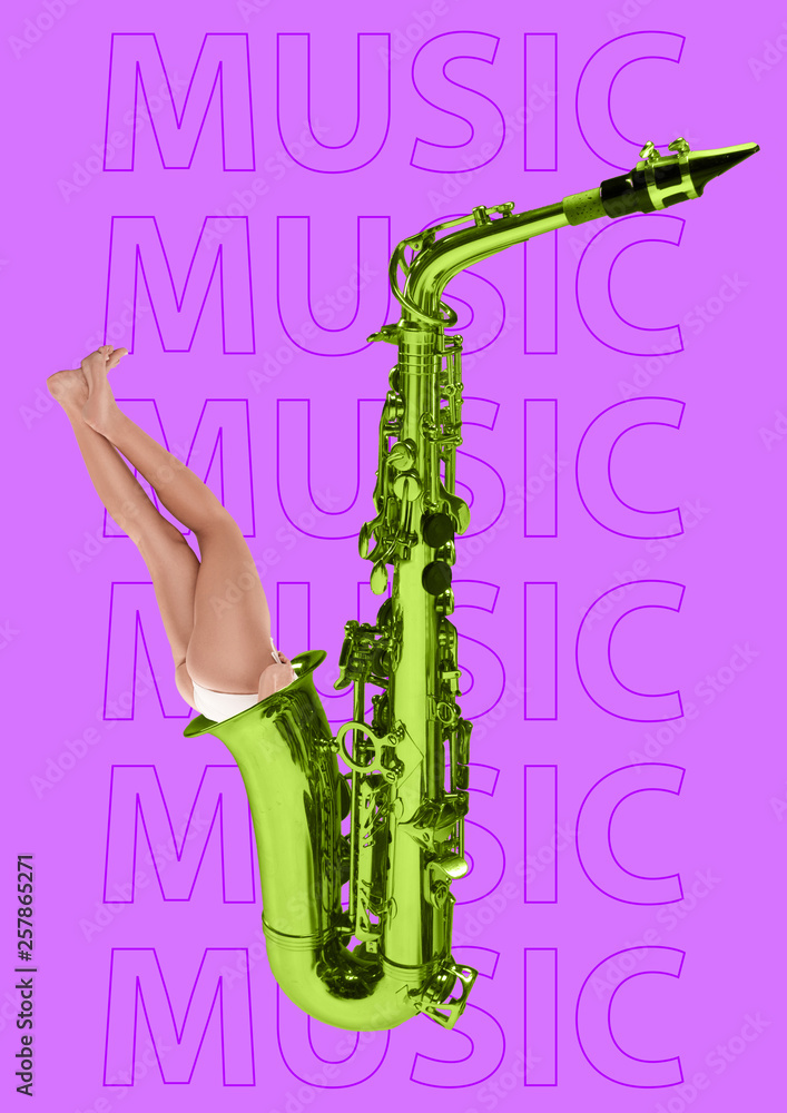 Fototapeta premium Immersion in sound with your head. Bad ear for jazz. The fit girls legs from the yellow-green saxophone tube against purple background. Music concept. Modern design. Contemporary art collage.