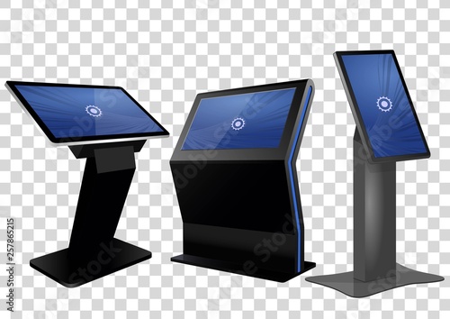 Three Promotional Interactive Information Kiosk, Advertising Display, Terminal Stand, Touch Screen Display isolated on transparent background. Mock Up Template.