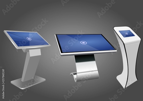 Three Promotional Interactive Information Kiosk, Advertising Display, Terminal Stand, Touch Screen Display. Mock Up Template.