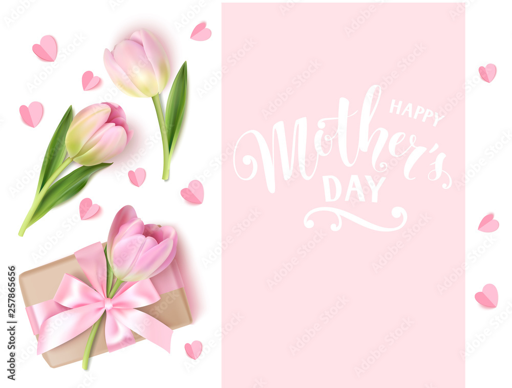 Happy Mothers day design template. Vector calligraphic lettering text with pink tulips and gift box.