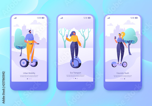 Urban weekend mobile app page, screen set. Flat design characters of men and women with hover boards. Outdoor concept for website. Concept of landing page on lifestyle and eco transport theme.