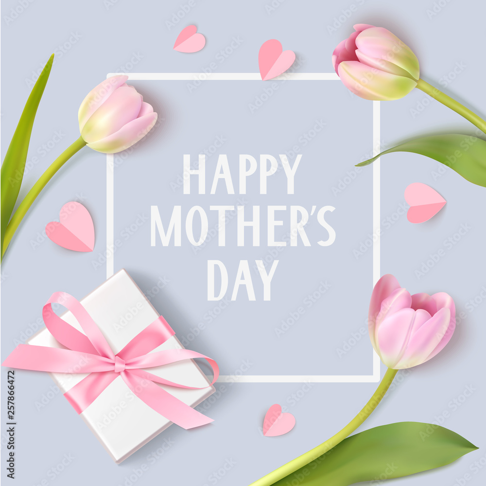 Happy Mothers Day. Spring holiday design template with pink tulip white gift box and paper hearts on blue background. - obrazy, fototapety, plakaty 