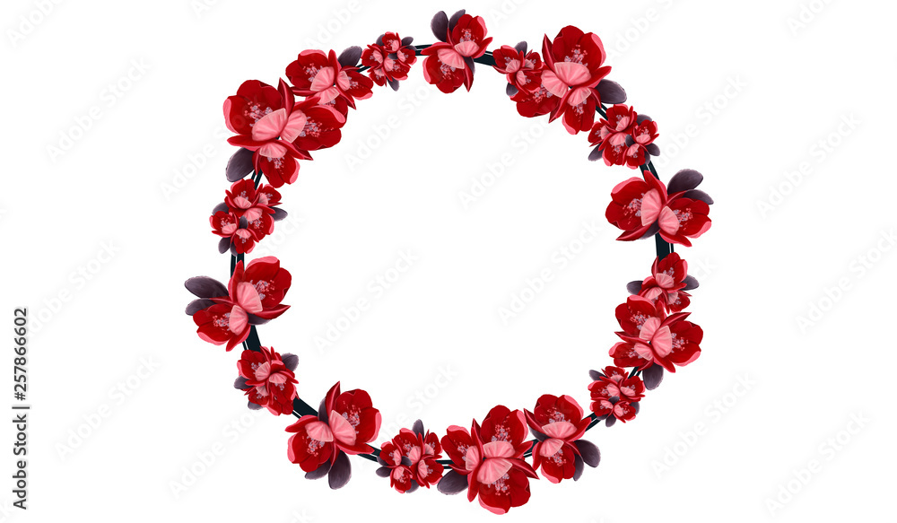 Wreath from Branches with spring peach, apple flowers and buds pink and red soft background. Bokeh. Wreath from Branches with spring peach, apple flowers and buds pink and red soft background. Bokeh.