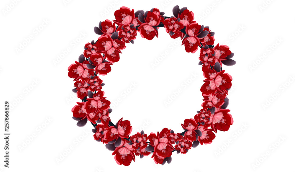 Wreath from Branches with spring peach, apple flowers and buds pink and red soft background. Bokeh. Wreath from Branches with spring peach, apple flowers and buds pink and red soft background. Bokeh.