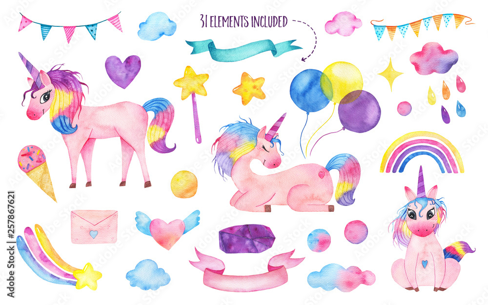 Set of watercolor cute magic unicorns with rainbow, balloons, magic wand