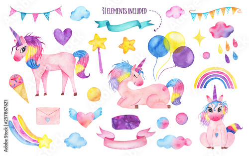 Set of watercolor cute magic unicorns with rainbow  balloons  magic wand