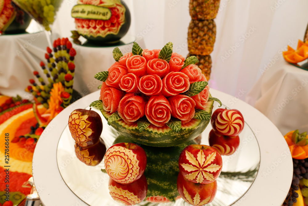 Many colorful and beautiful fruit carved or sculpted