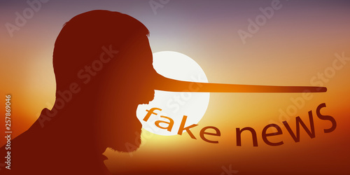 Concept des rumeurs sur les réseaux sociaux, avec un homme vu de profil, qui prononce le mot fake news en ayant le nez qui s’allonge comme celui de Pinocchio.