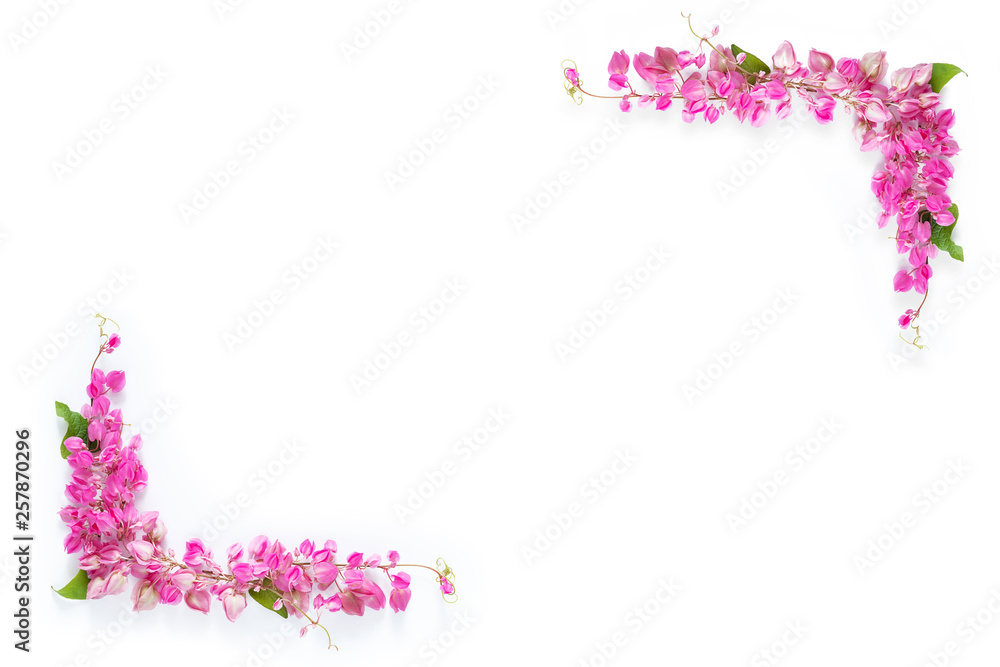 pink floral flower border frame as corner on white background with copy space