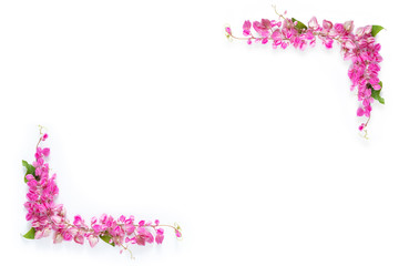pink floral flower border frame as corner on white background with copy space