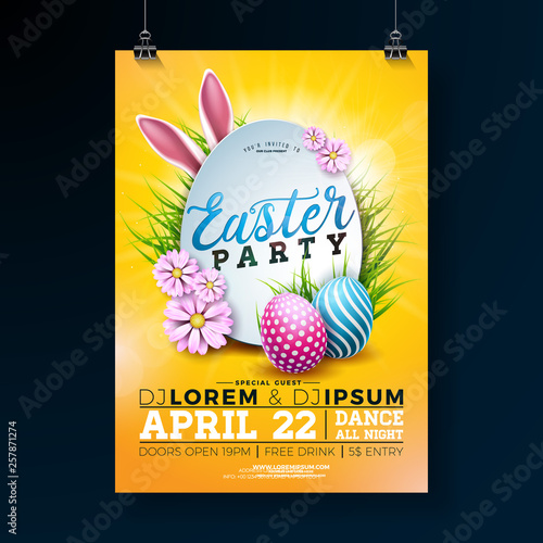 Vector Easter Party Flyer Illustration with painted eggs, rabbit ears and flower on shiny yellow background. Spring holiday celebration poster design template.