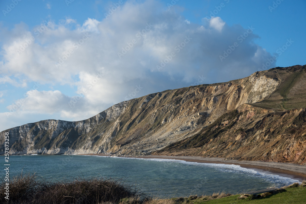 Landscape view of Wolbarrow Bay Dorset England on sunny winter day