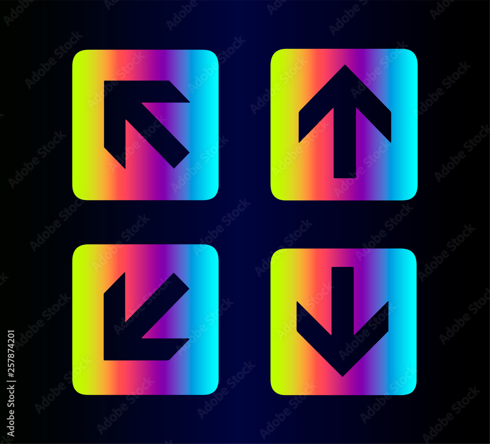 Collection of vector flat icons - Neon rainbow pointers, arrows for web site or navigation on social instagram page isolated on blue gradient background Collection of vector flat icons - Neon rainbow pointers, arrows for web site or navigation on social instagram page isolated on blue gradient background