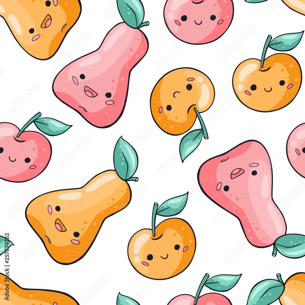 Cute cartoon fruits seamless pattern on white background. Healthy food  seamless pattern in doodle style. Kawaii pear, apple vector characters in  cartoon style. Stock Vector | Adobe Stock