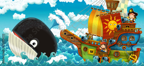Dekoracja na wymiar  cartoon-scene-with-pirate-ship-sailing-through-the-seas-with-happy-pirates-meeting-swimming-whale-illustration-for-children