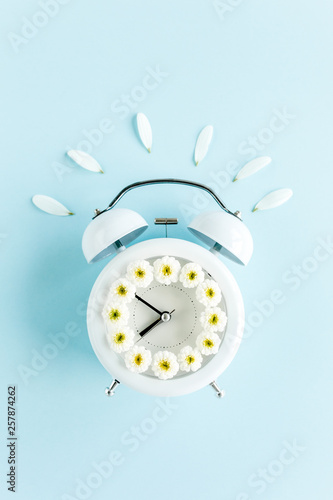 Composition-Summer time from chamomile flower and clock on blue background. Flat lay, top view