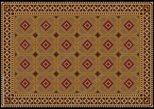 Luxury vintage oriental carpet in brown shades with beige, gray and orange patterns in the center on black background