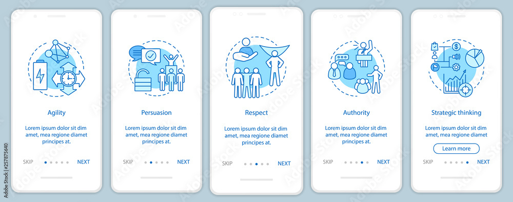 Leader skills onboarding mobile app page screen vector templat