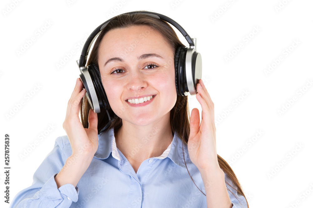 pretty young woman with hands on headphones pretty young woman with hands on headphones