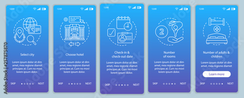 Hotel booking onboarding mobile app page screen vector template