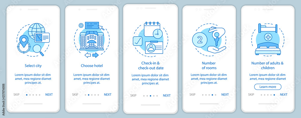 Accommodation booking onboarding mobile app page screen vector template Accommodation booking onboarding mobile app page screen vector template