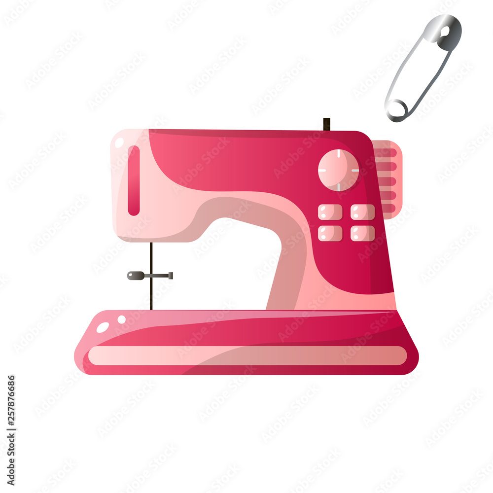Trendy modern model sewing machine decorated card with pin isolated on white