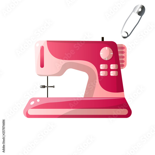 Trendy modern model sewing machine decorated card with pin isolated on white