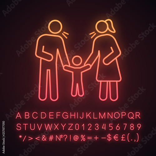 Parents scolding child neon light icon