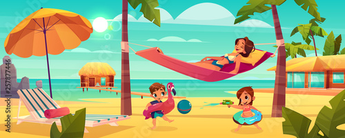 Family vacation on tropical resort cartoon vector with happy mother relaxing, lying in hammock between palms while children playing with ball and water gun on beach illustration. Leisure on seacoast