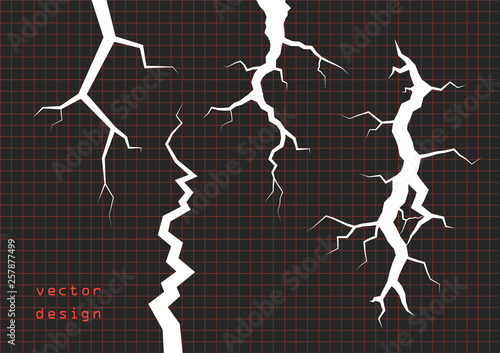 Set of cracks. The rift the schism the ice, or wall plaster. Vector overlay elements, on an isolated dark background.