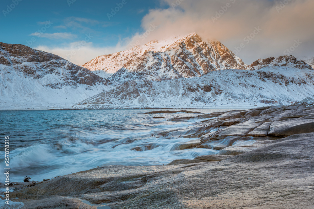 On the see in winter, in beautiful sunny weather on the shores of the Lofoten Islands in Norway