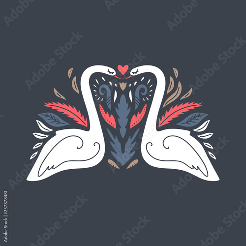 White swans couple. Birds in scandinavian style. Nordic folk ornament. Pattern with flower. Label, print. Vector illustration