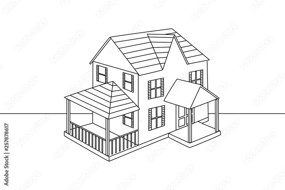 Single line drawing of an isolated family house. Vector illustration. 