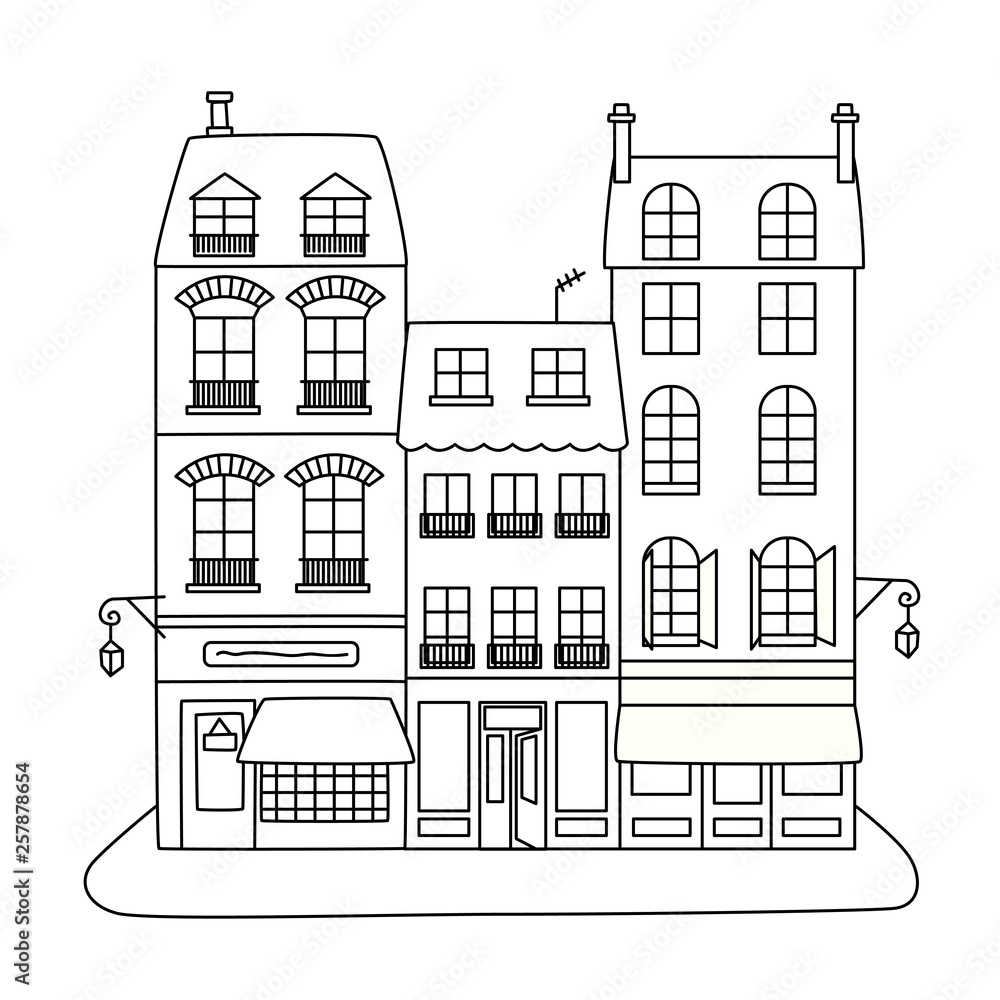 Line art style illustration of a street with three buildings and shops. Paris inspiration. 
