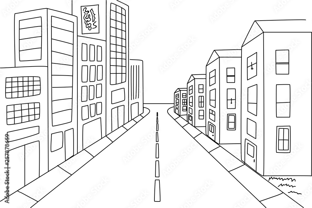 Street view with building in perspective. Single line vector illustration. 