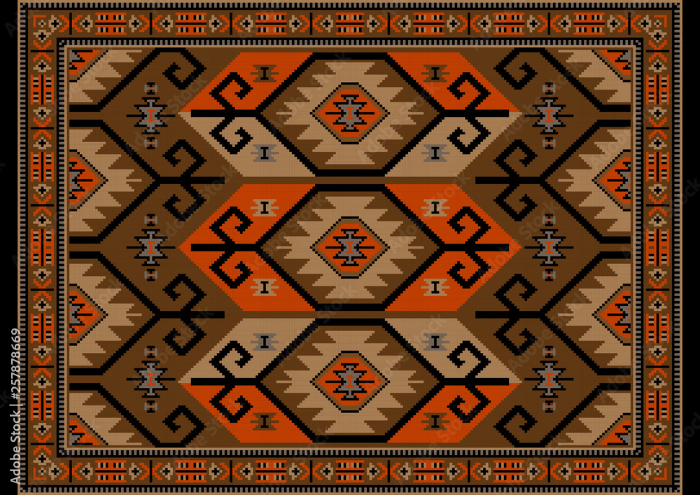 Fototapeta Vintage luxury oriental carpet in brown, beige shades with orange and black patterns on black background