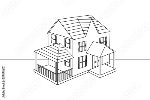 Single line drawing of an isolated family house. Vector illustration. 