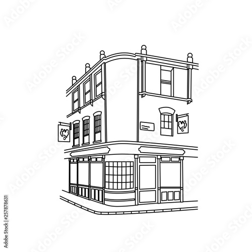 Continuous line hand drawing of a street corner with buildings and restaurant. Vector illustration. 