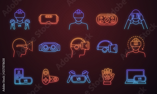 Virtual reality neon light icons set