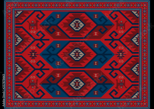 Vintage luxury oriental carpet in red, blue shades with maroon and gray patterns on black background