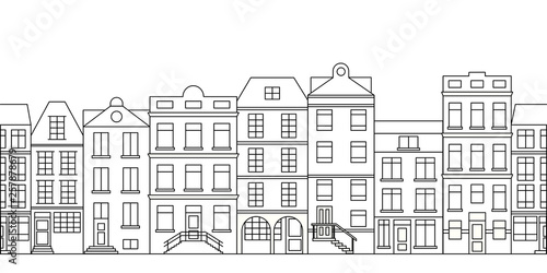 City skyline in line art style with buildings and houses. Vector illustration. 
