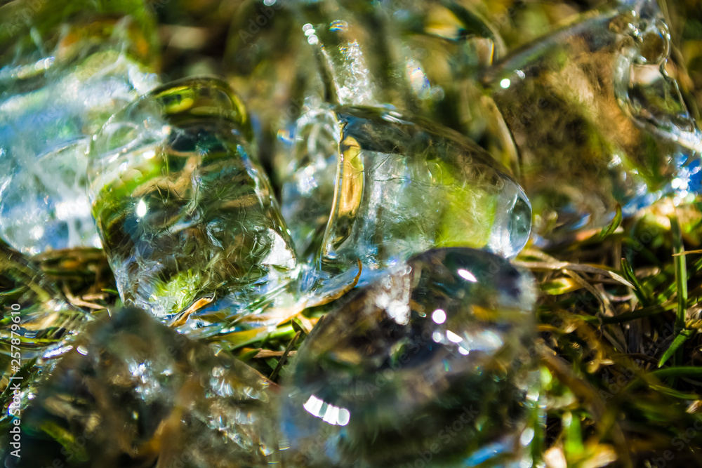 Green spring grass on it ice cubes lie. Sunshine. Meadow. Lawn. Background or texture. Green spring grass on it ice cubes lie. Sunshine. Meadow. Lawn. Background or texture.