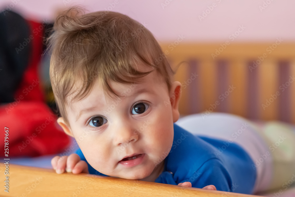 The baby boy lying on his stomach in his crib and looking at the camera The baby boy lying on his stomach in his crib and looking at the camera