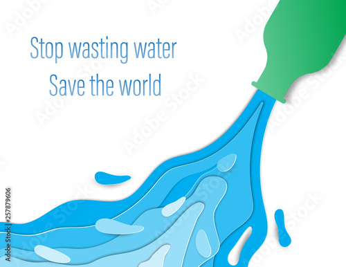 Wasteful water consumption reduction concept. Water flowing out of green bottles.