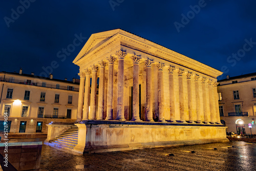 Maison Carree  temple in night lights  Nimes  France