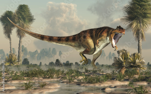 Giganotosaurus, one of the largest known terrestrial carnivores, was a carcharodontosaurid theropod dinosaur. Here it hunts in a watery lowland on a cretaceous era afternoon. 3D Rendering. 
