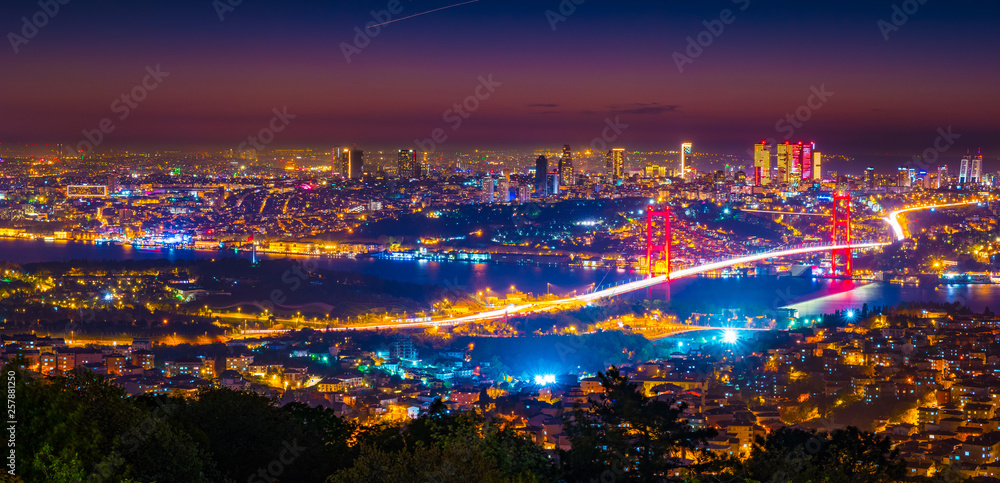 Istanbul city lights and bosphorus bridge