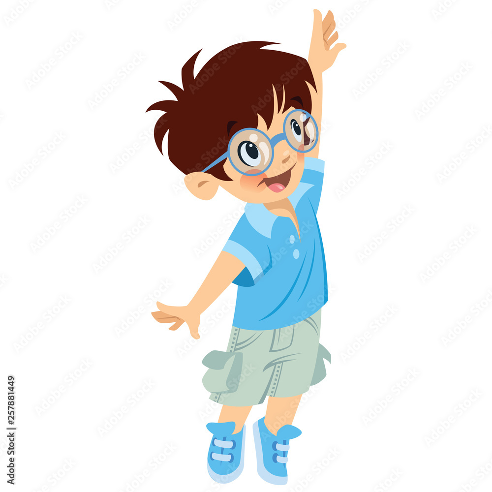 Happy cute boy pupil with glasses trying to reach something Happy cute boy pupil with glasses trying to reach something